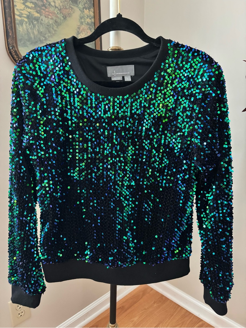 By Anthropologie Sequin Ribbed Sweatshirt Black Iridescent Green Blue Size S
